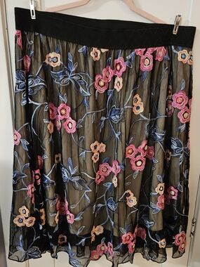 Black Floral Embroidered Mesh Skirt - Pink & Blue Flowers